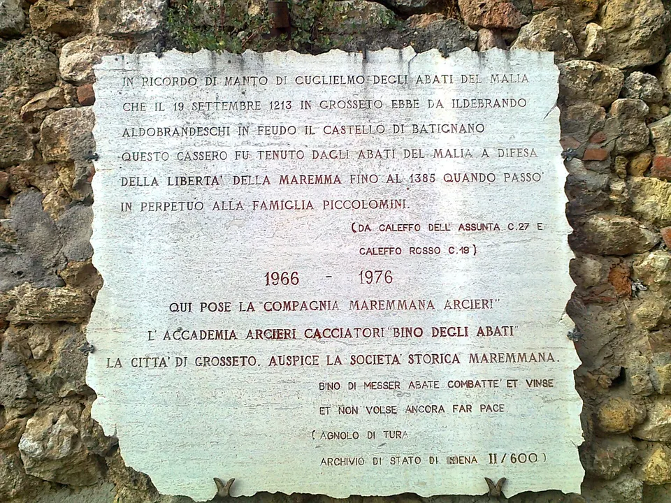 Lapide in memoria di Manto di Guglielmo degli Abati del Malia, in via dell'Orologio a Batignano (GR)