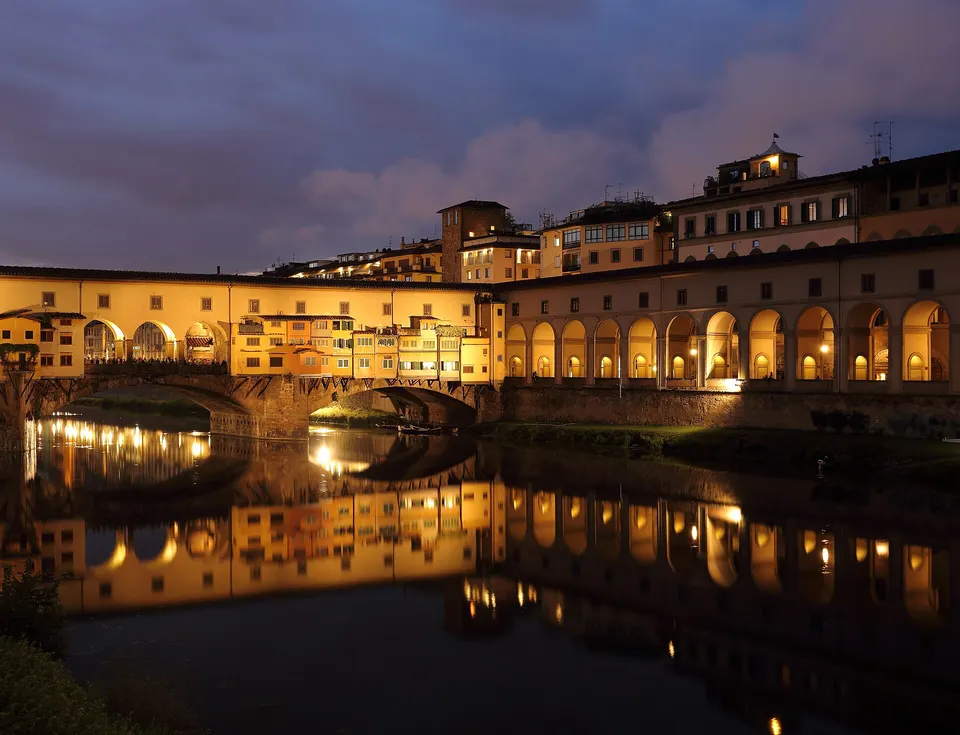 Florence: Ponte Vecchio at dusk, part of UNESCO World Heritage Site Ref. Number 174